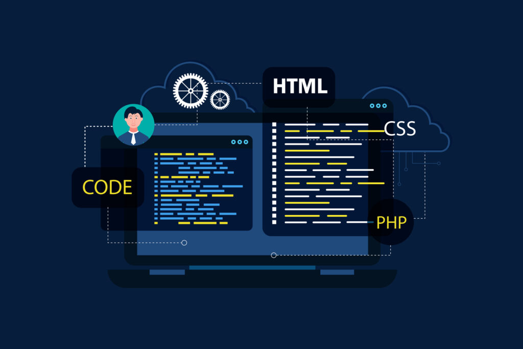 software, web development, programming concept. abstract programming language and program code on screen laptop